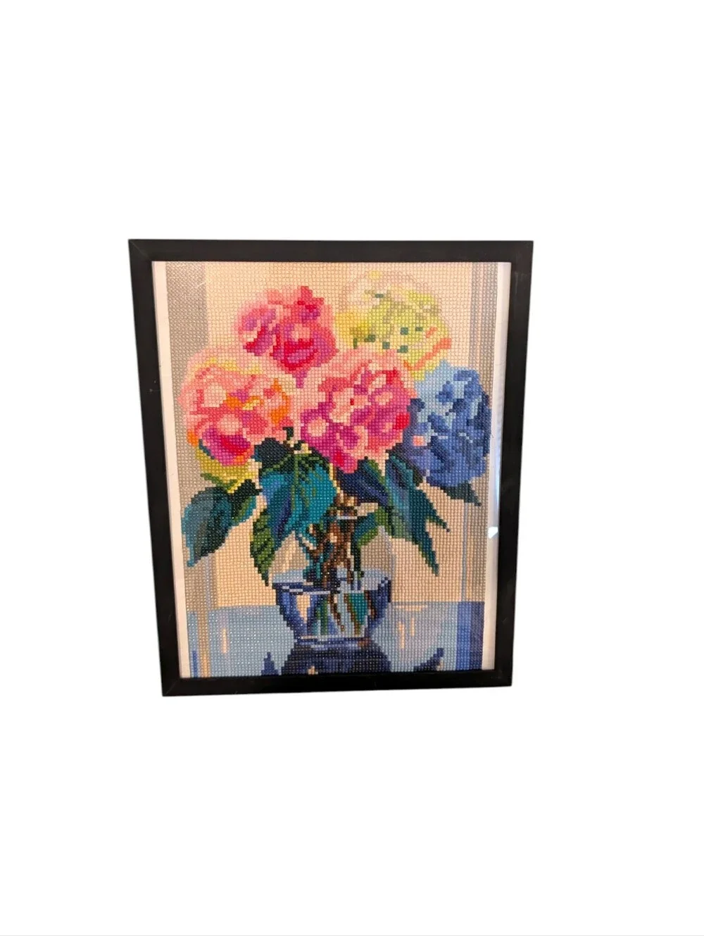 Framed Pink and Blue Floral Diamond Painting Wall Art - Home Accents